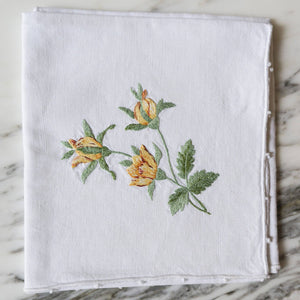 White Linen Hand-Embroidered Flower Napkins - La Porte Bonheur