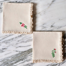 Load image into Gallery viewer, Natural Linen Cocktail Napkins with Hand-Embroidered Pink Flowers - La Porte Bonheur
