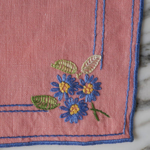 Pink Linen Cocktail Napkins with Blue Embroidered Flowers - La Porte Bonheur
