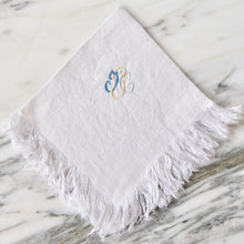 Load image into Gallery viewer, White Linen Napkins with Fringe Ombré 'JCG' Monogram - La Porte Bonheur