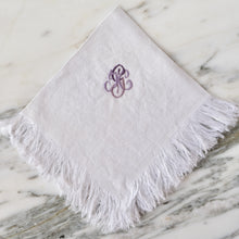 Load image into Gallery viewer, White Linen Napkins with Fringe Ombré 'JCG' Monogram - La Porte Bonheur