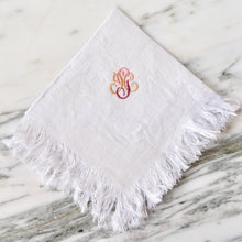Load image into Gallery viewer, White Linen Napkins with Fringe Ombré 'JCG' Monogram - La Porte Bonheur