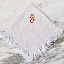 Load image into Gallery viewer, White Linen Napkins with Fringe Ombré 'JCG' Monogram - La Porte Bonheur