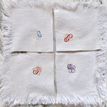 Load image into Gallery viewer, White Linen Napkins with Fringe Ombré 'JCG' Monogram - La Porte Bonheur