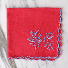 Load image into Gallery viewer, Red Linen Cocktail Napkins with Embroidered Blue Flowers - La Porte Bonheur
