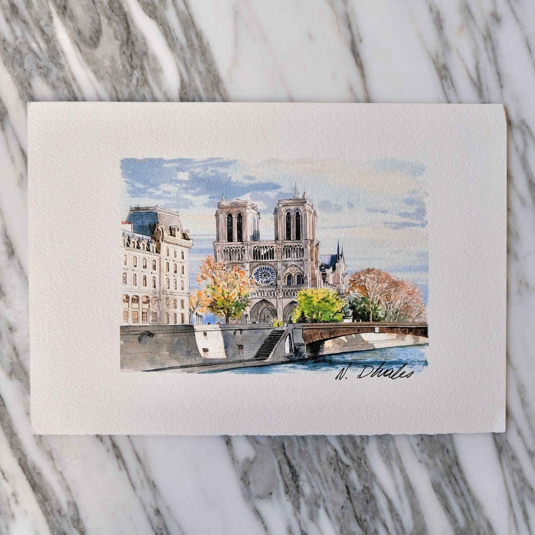 Watercolor Notre Dame Fall (Landscape) by Nikolla Dhales La Porte Bonheur