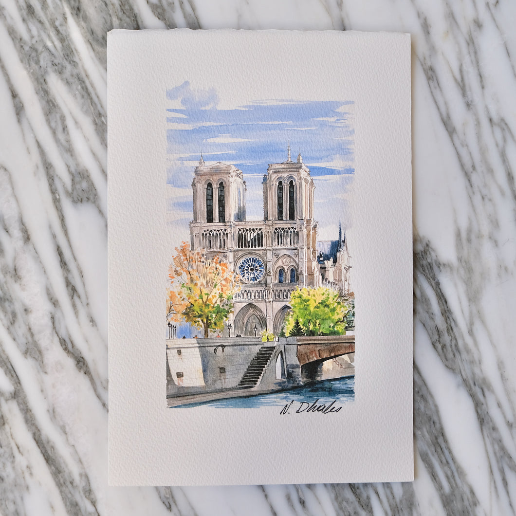 Watercolor Notre Dame Fall (Portrait) by Nikolla Dhales La Porte Bonheur