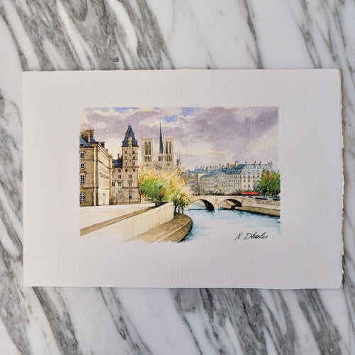 Watercolor Notre Dame Quai Saint-Michel Nikolla Dhales La Porte Bonheur
