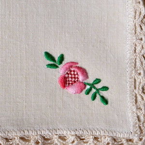 Natural Linen Cocktail Napkins with Hand-Embroidered Pink Flowers - La Porte Bonheur