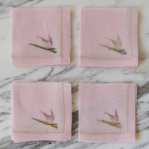 Pink Embroidered Bird Organza Napkins & Tablecloth - La Porte Bonheur