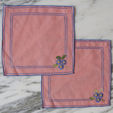 Load image into Gallery viewer, Pink Linen Cocktail Napkins with Blue Embroidered Flowers - La Porte Bonheur
