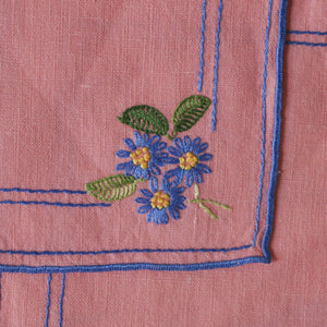 Pink Linen Cocktail Napkins with Blue Embroidered Flowers - La Porte Bonheur