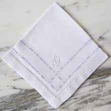 Load image into Gallery viewer, White and Purple Linen Napkins with &#39;OG&#39; Monogram - La Porte Bonheur
