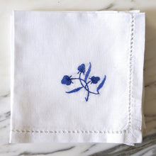 Load image into Gallery viewer, White Linen Cocktail Napkins with Blue Flowers/Berries - La Porte Bonheur

