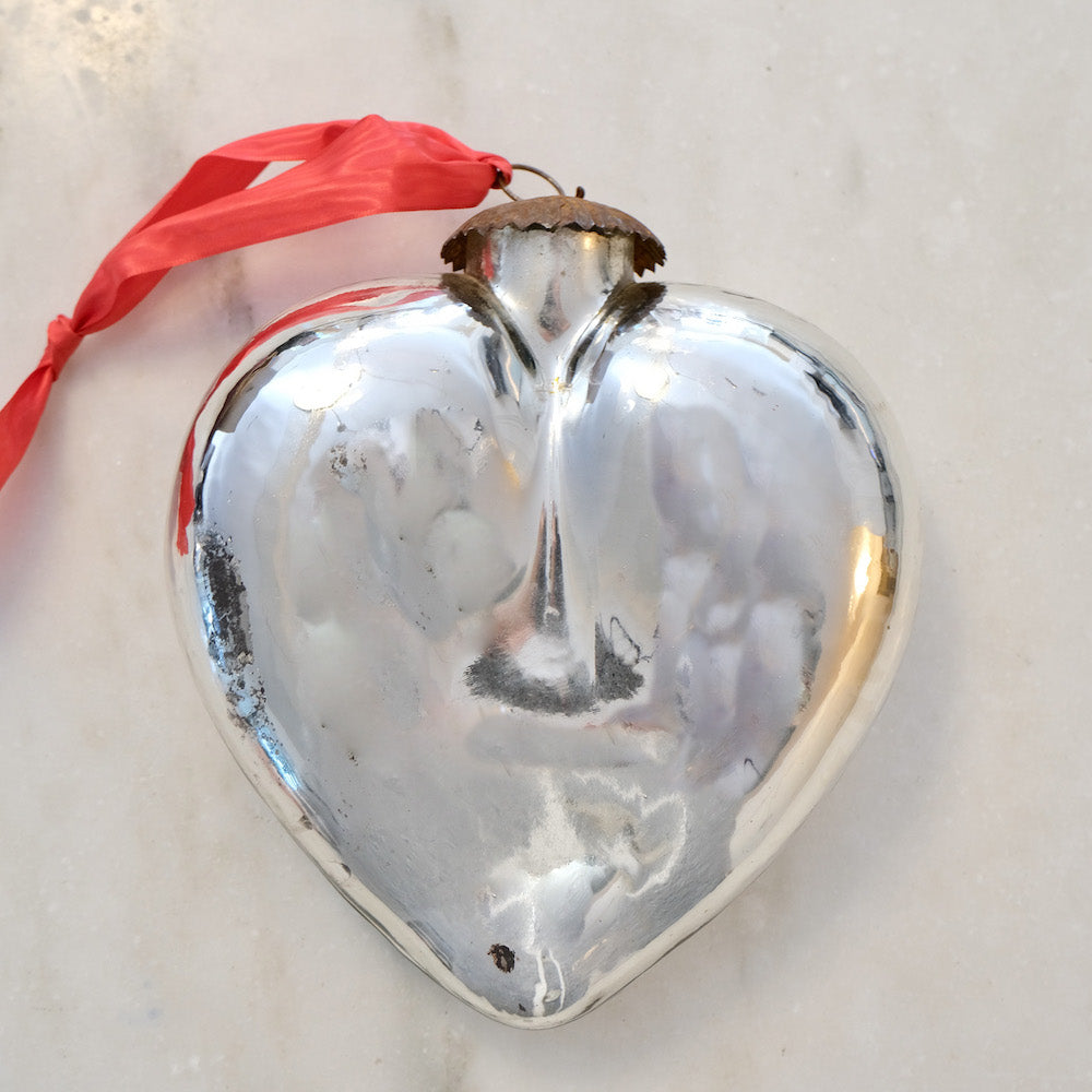 silver heart mercury glass ornament vintage french christmas