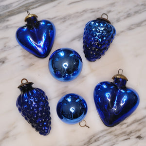 Set of Six Mini Blue Mercury Glass Ornaments vintage french christmas