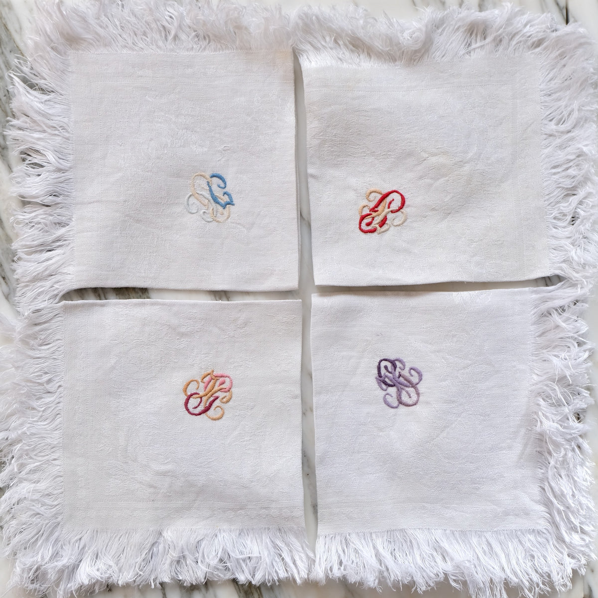 White Fringe Napkins with Ombré 'JCG' Monogram | La Porte Bonheur